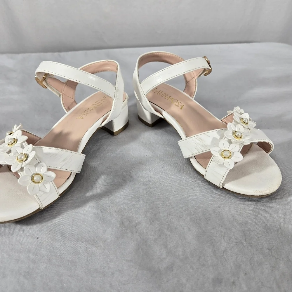 Laurmosa Girls' Open-Toe Floral Sandals with Ankle Strap Size 1 White Faux Pearl